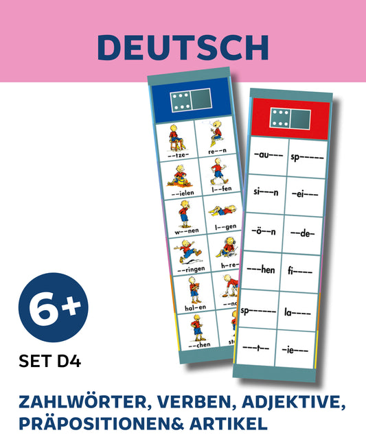 DEUTSCH - Zahlwörter, Verben, Adjektive, Präpositionen & Artikel (Set D4)